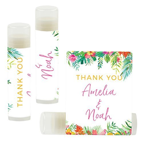 Andaz Press Personalized Wedding Party Lip Balm Party Favors, Tropical Floral Garden Party, Thank You, Bride & Groom Names and Date, Bridesmaid Lip Gloss 12-Pack, Custom