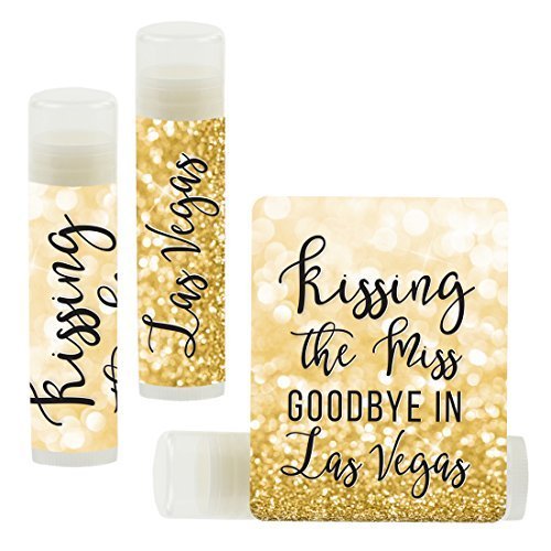 Andaz Press Bridal Shower Bachelorette Party Lip Balm Party Favors, Faux Gold Glitter Shimmer, Kissing the Miss Goodbye in Las Vegas, 12-Pack