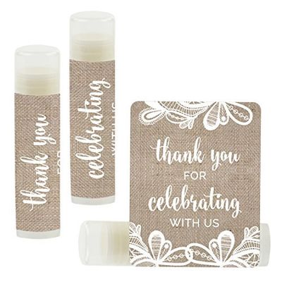 Andaz Press Bridal Shower Bachelorette Party Lip Balm Party Favors, Burlap Lace, Thank You for Celebrating With Us, 12-Pack