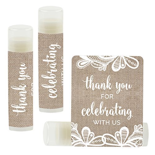 Andaz Press Bridal Shower Bachelorette Party Lip Balm Party Favors, Burlap Lace, Thank You for Celebrating With Us, 12-Pack