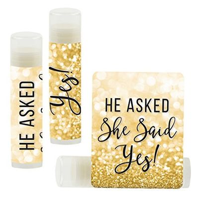 Andaz Press Bridal Shower Bachelorette Party Lip Balm Party Favors, Faux Gold Glitter Shimmer, He Asked She Said Yes!, 12-Pack