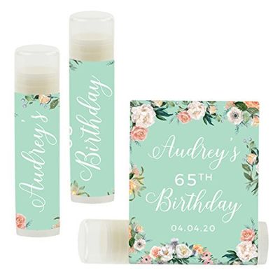 Andaz Press Personalized Milestone Birthday Party Lip Balm Party Favors, Peach Mint Green Floral Garden Party, Audrey's 65th Birthday, 12-Pack, Custom