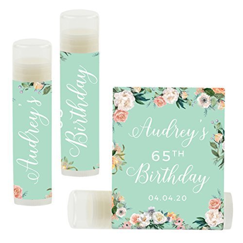 Andaz Press Personalized Milestone Birthday Party Lip Balm Party Favors, Peach Mint Green Floral Garden Party, Audrey's 65th Birthday, 12-Pack, Custom