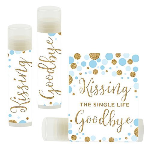 Andaz Press Bridal Shower Bachelorette Party Lip Balm Party Favors, Baby Blue Faux Gold Glitter Confetti Dots, Kissing the Single Life Goodbye, 12-Pack
