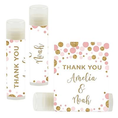 Andaz Press Personalized Wedding Party Lip Balm Party Favors, Pink Faux Gold Glitter Confetti Dots, Thank You, Bride & Groom Names and Date, 12-Pack, Custom