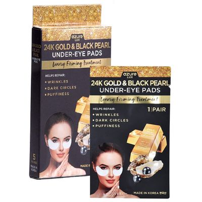 Azure Cosmetics 24K Gold & Black Pearl Luxury Firming Under Eye Pads - Moisturizing & Restoring Eye Mask Patches - Reduces Fine Lines, Wrinkles, Dark Circles & Puffiness - Made in Korea - 5 Pairs