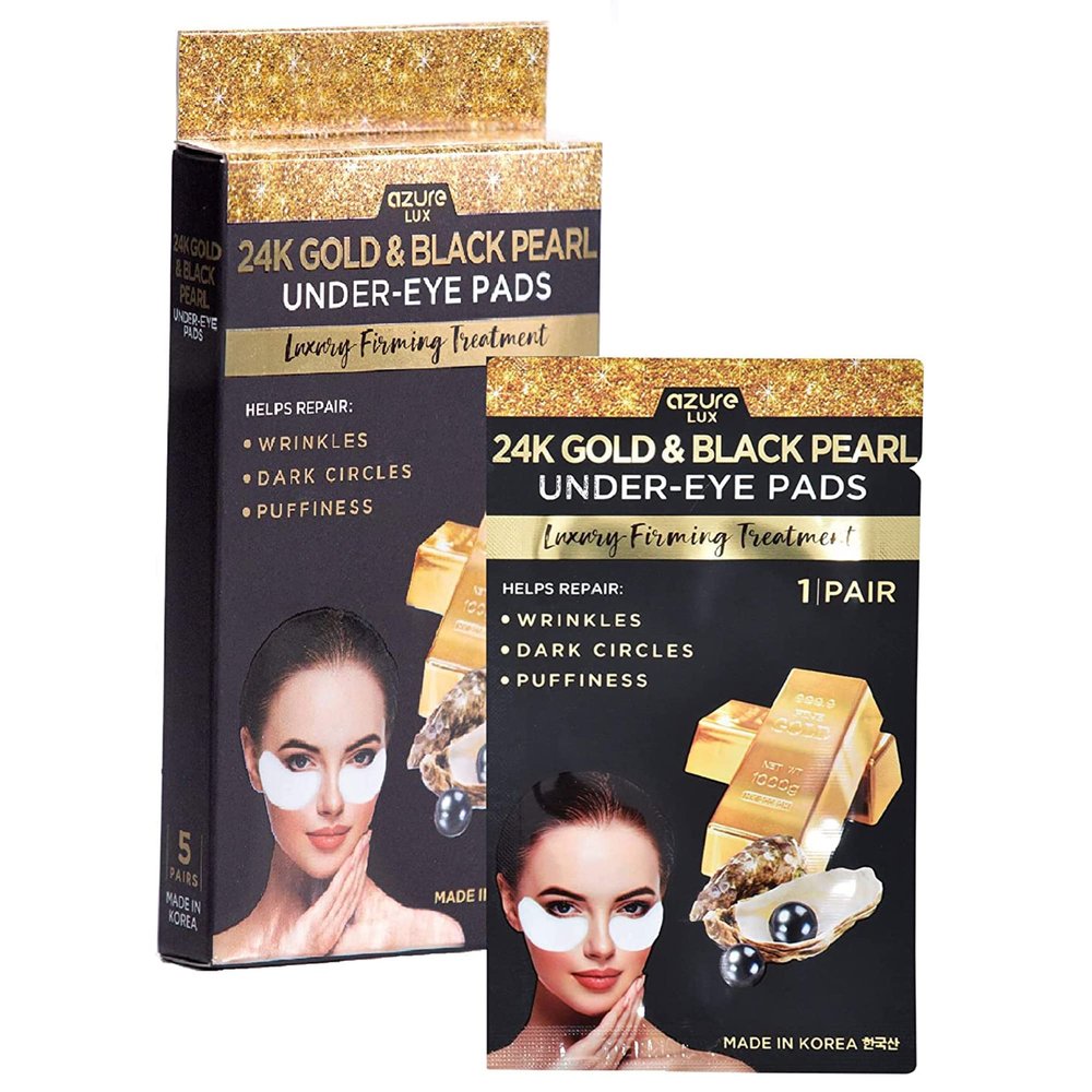 Azure Cosmetics 24K Gold & Black Pearl Luxury Firming Under Eye Pads - Moisturizing & Restoring Eye Mask Patches - Reduces Fine Lines, Wrinkles, Dark Circles & Puffiness - Made in Korea - 5 Pairs