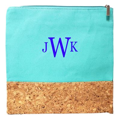 101 BEACH Custom Embroidery Canvas and Cork Cosmetic Pouch Bag - Personalize with Name or Monogram (Turquoise with Embroidery Monogram)