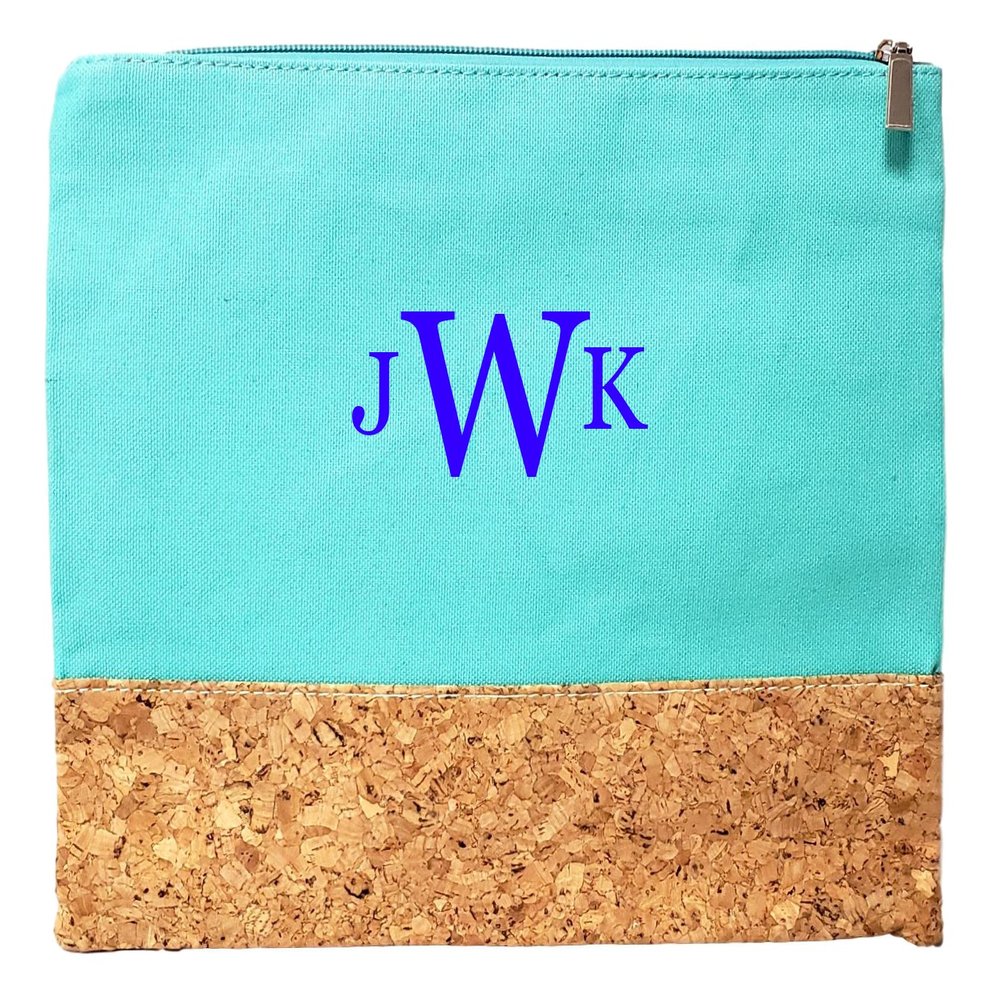 101 BEACH Custom Embroidery Canvas and Cork Cosmetic Pouch Bag - Personalize with Name or Monogram (Turquoise with Embroidery Monogram)