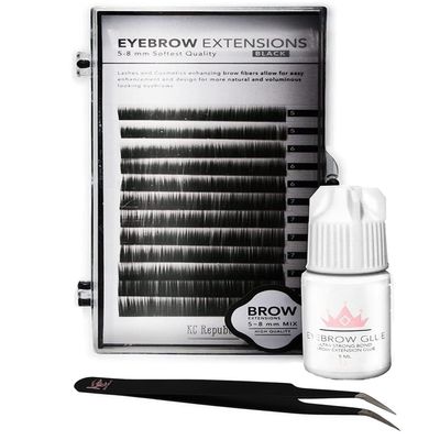 Eyebrow Extensions Kit with 1 x Trays of Mink Eyebrows in Black Comes on Mixed Length Trays 5-8 Mm Mix, Eyebrow Extension Glue Clear & Extension Tweezers by Kc Republic