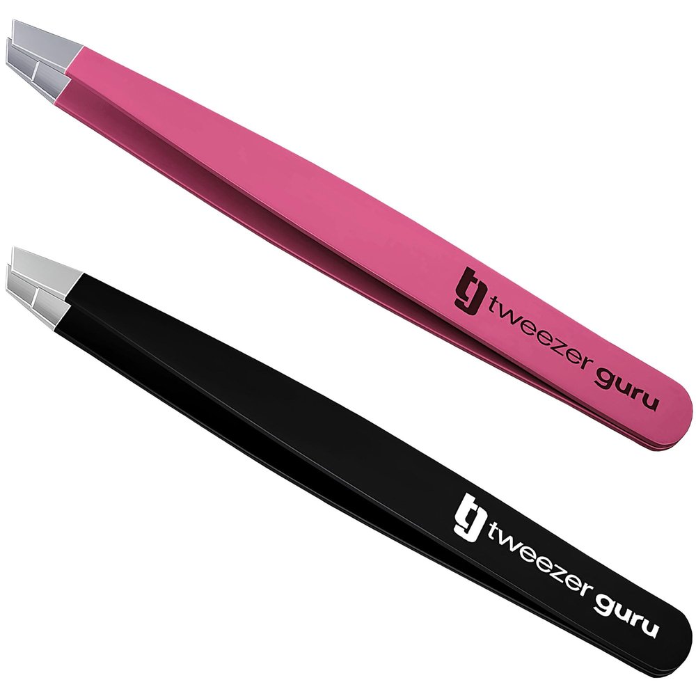 2-Pack Slant Tip Stainless Steel Tweezers for Eyebrows - Professional Precision Tweezing for Facial Hair