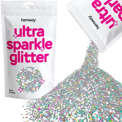 Hemway Premium Ultra Sparkle Glitter Multi Purpose Metallic Flake for Arts Crafts Nails Cosmetics Resin Festival Face Hair - Silver Holographic - Extra Chunky (1/24" 0.040" 1mm) 100g / 3.5oz