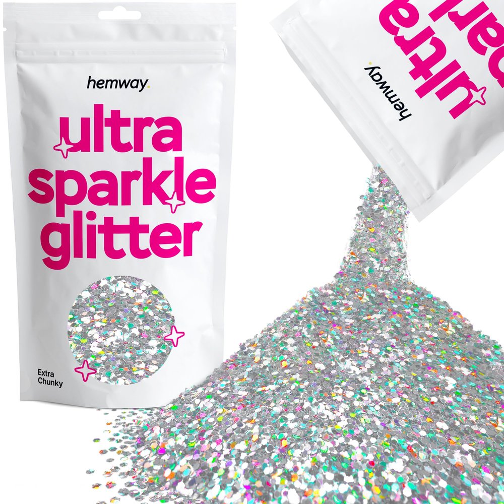 Hemway Premium Ultra Sparkle Glitter Multi Purpose Metallic Flake for Arts Crafts Nails Cosmetics Resin Festival Face Hair - Silver Holographic - Extra Chunky (1/24" 0.040" 1mm) 100g / 3.5oz