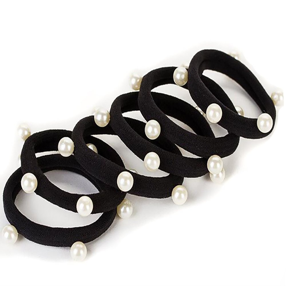 20PCS Faux Pearl Seamless Elastic Hair Tie Hair Rope Stretch Ponytail Holders Hair Band Headband Hair Accessories for Women Lady Girls (Black)