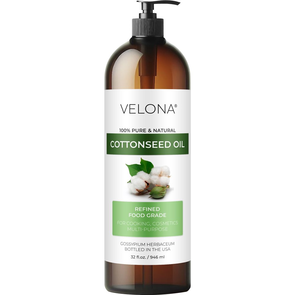 Cotton Seed Oil by Velona - 32 Fl Oz | 100% Pure and Natural Carrier Oil | Refined, Cold pressed | Cooking, Skin, Face, Body, Hair Care | Use Today - Enjoy Results