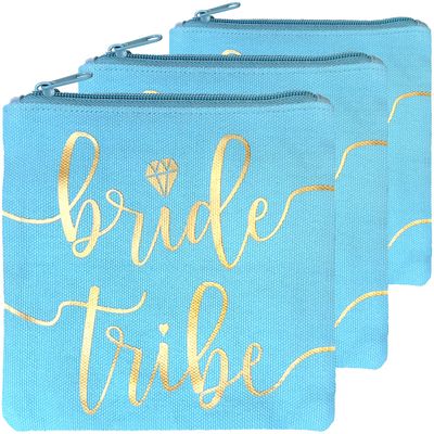 Bride Tribe Makeup Bags - Bridesmaid Favor for Bachelorette Party, Bridal Shower, Wedding. Cosmetics/Toiletries Bag, Wedding Survival Kit, Hangover Kit, Keepsake (3pc Bride Tribe, Blue)