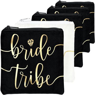 Bride Tribe Makeup Bags - Bridesmaid Favor for Bachelorette Party, Bridal Shower, Wedding. Cosmetics/Toiletries Bag, Wedding Survival Kit, Hangover Kit, Keepsake (4+1pc Bride Tribe + Bride, Black)