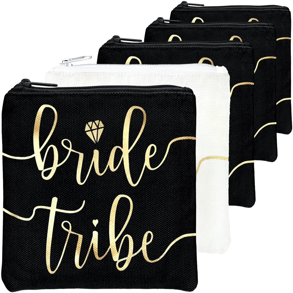 Bride Tribe Makeup Bags - Bridesmaid Favor for Bachelorette Party, Bridal Shower, Wedding. Cosmetics/Toiletries Bag, Wedding Survival Kit, Hangover Kit, Keepsake (4+1pc Bride Tribe + Bride, Black)