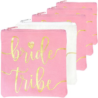 Bride Tribe Makeup Bags - Bridesmaid Favor for Bachelorette Party, Bridal Shower, Wedding. Cosmetics/Toiletries Bag, Wedding Survival Kit, Hangover Kit, Keepsake (4+1pc Bride Tribe + Bride, Blush)