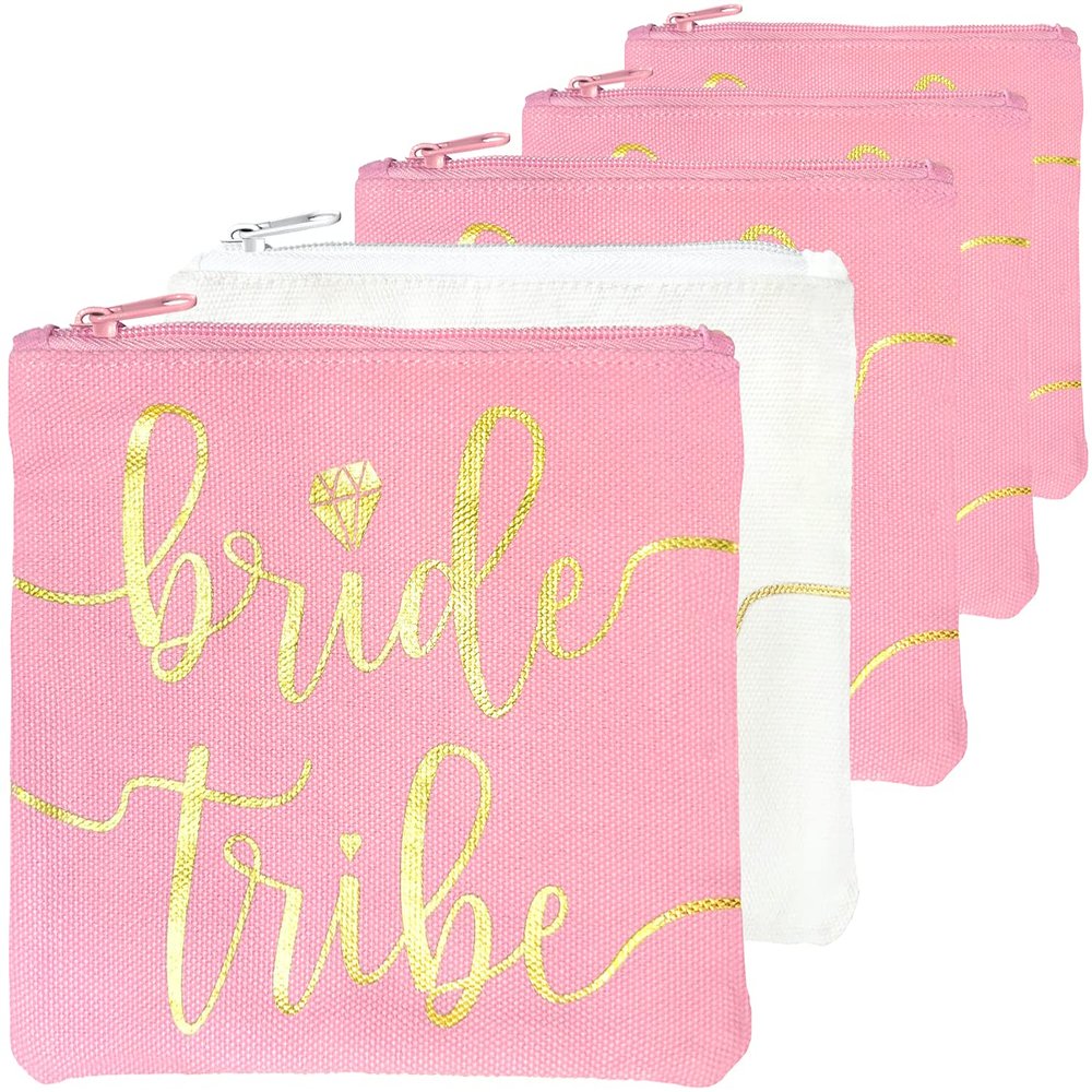 Bride Tribe Makeup Bags - Bridesmaid Favor for Bachelorette Party, Bridal Shower, Wedding. Cosmetics/Toiletries Bag, Wedding Survival Kit, Hangover Kit, Keepsake (4+1pc Bride Tribe + Bride, Blush)