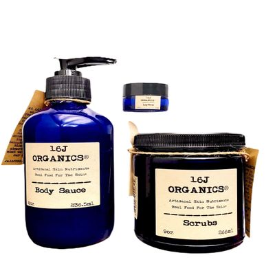 16J Organics Renew Yourself Spa Collection -Gift Set- Organic 100% Natural - Body Sauce, Body Scrub, & Lip Balm, Treat & Feed Your Skin With All Food Grade Ingredients