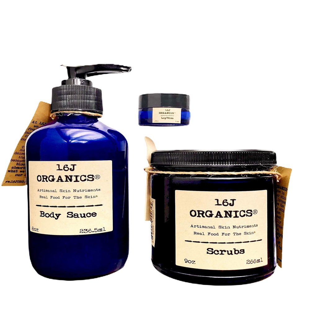 16J Organics Renew Yourself Spa Collection -Gift Set- Organic 100% Natural - Body Sauce, Body Scrub, & Lip Balm, Treat & Feed Your Skin With All Food Grade Ingredients