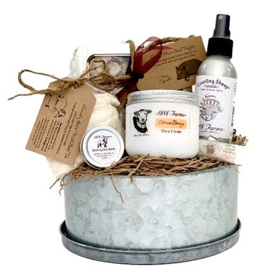 1818 Farms Gift Basket with Shea Cream, Bath Tea, Cuticle Balm, Linen Spray, Bath Truffle and Lip Balm