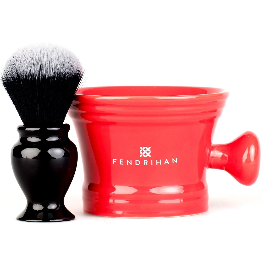 Fendrihan Synthetic Shaving Brush and Colorful Moderno Apothecary Shaving Mug Kit, The Perfect Men's Wet Shave Set (Black and White, Red)