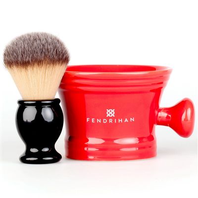 Fendrihan Synthetic Shaving Brush and Colorful Moderno Apothecary Shaving Mug Kit, The Perfect Men's Wet Shave Set (Black Handle, Red)