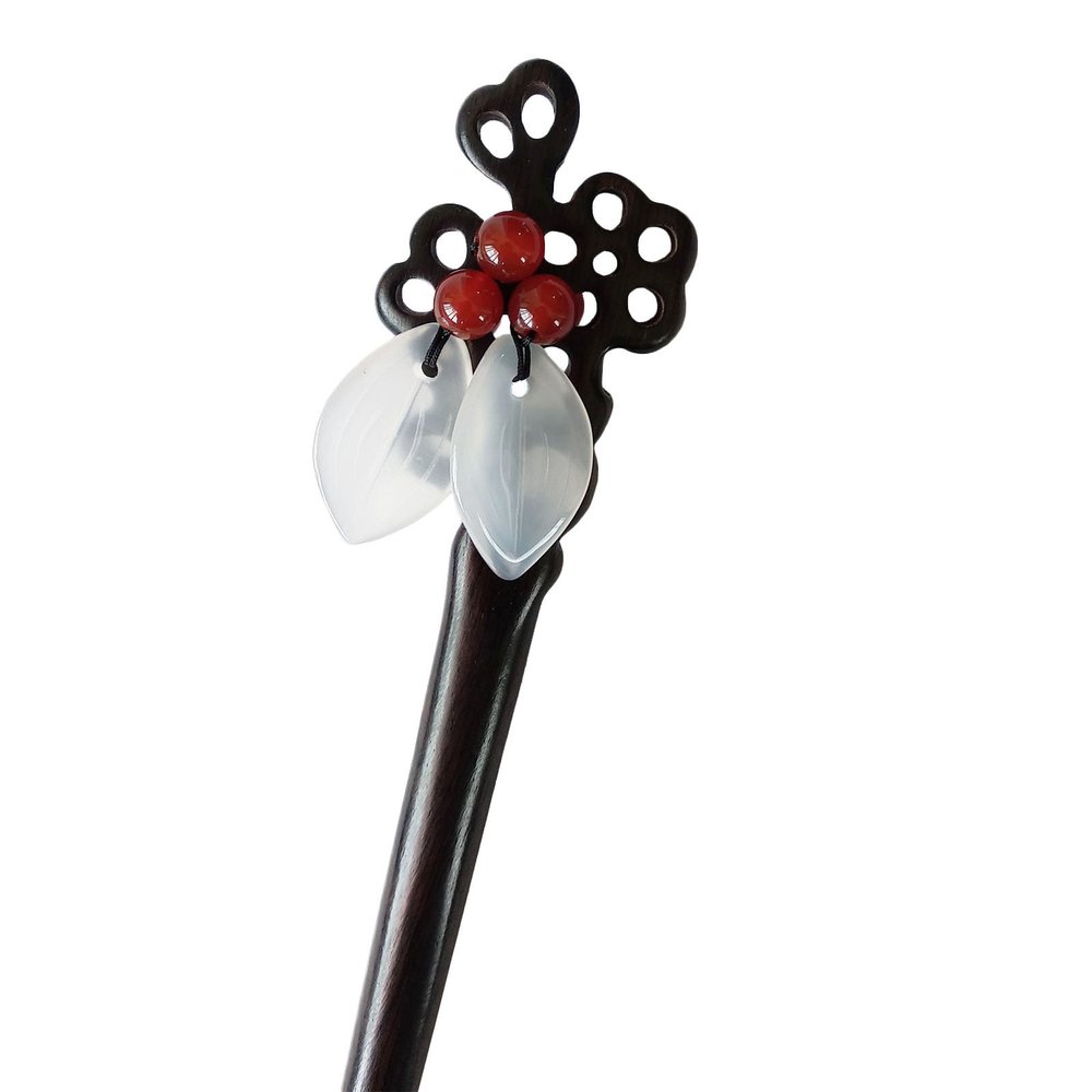 FANTACCRAFTS White Agate Leaf Bead Hairpin Beautiful Hair Stick Chalcedony Flower Hair Accessories Wood Hair Pin (Red)