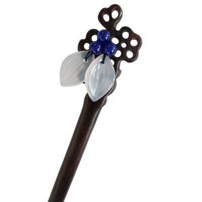 FANTACCRAFTS White Agate Leaf Bead Hairpin Beautiful Hair Stick Chalcedony Flower Hair Accessories Wood Hair Pin (Blue)