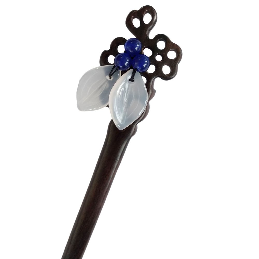 FANTACCRAFTS White Agate Leaf Bead Hairpin Beautiful Hair Stick Chalcedony Flower Hair Accessories Wood Hair Pin (Blue)