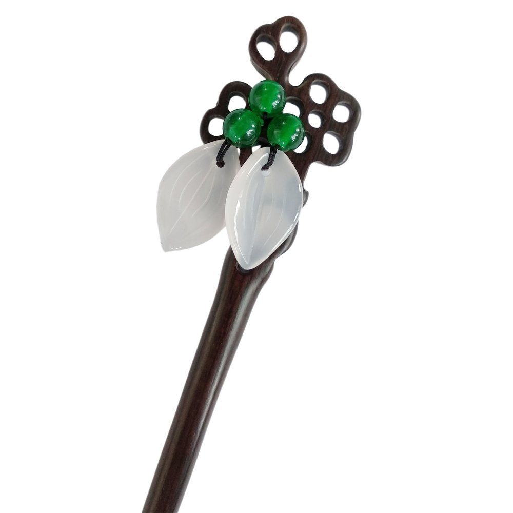 FANTACCRAFTS White Agate Leaf Bead Hairpin Beautiful Hair Stick Chalcedony Flower Hair Accessories Wood Hair Pin (Green)