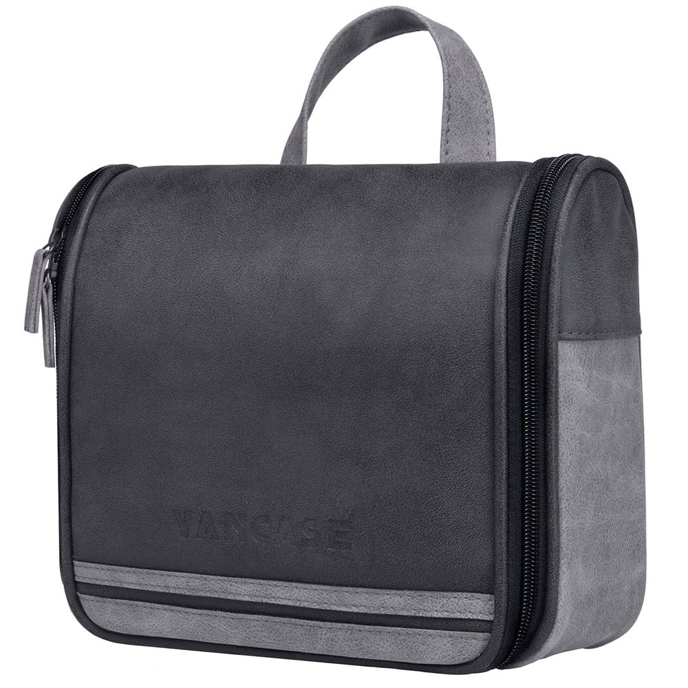VACNASE Hanging Toiletry Bag for Men Vintage Leather Shaving Dopp Kit Medium Waterproof Travel Bathroom Bags Portable Shower Organizer