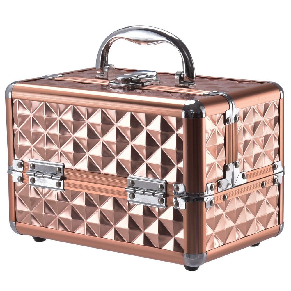 Beauty Cosmetic Makeup Case Organizer With Mirror & Extendable Trays Rose Gold