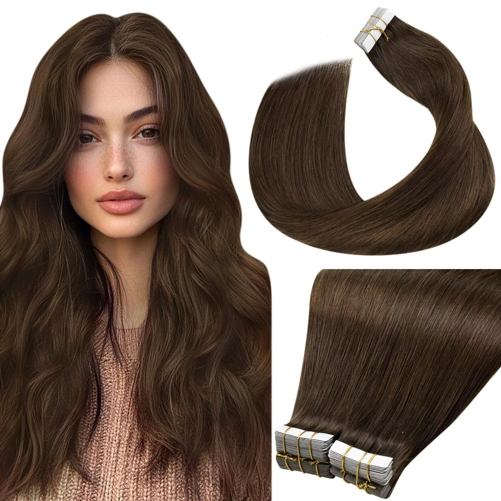 LaaVoo Tape in Hair Extensions Human Hair Medium Brown Hair Extensions Tape in Real Hair Tape on Extension Silky Straight Hair 14inch 40pcs 100g