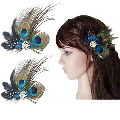 Comidox Hair Clip, Cute Peacock Feather with Rhinestones, Charming Peacock Headpiece Feather Hair Accessories for Women, Weddings, Parties, Halloween, Set of 2