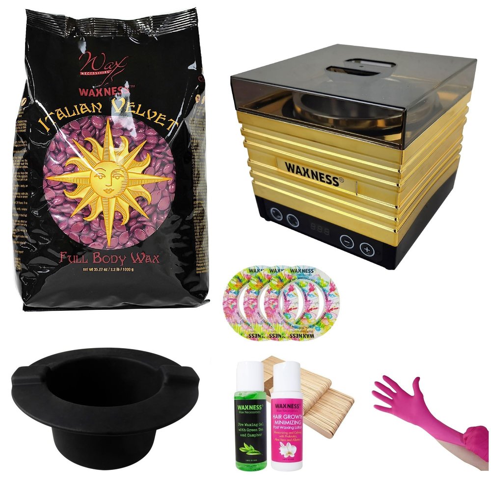 Waxness Italian Velvet Full Body Stripless Waxing Kit with 2.2 lb Hard Wax Bag, Warmer W-CUBE Gold Digital 1 lb and Black Non-Stick Easy Clean Silicone Bowl