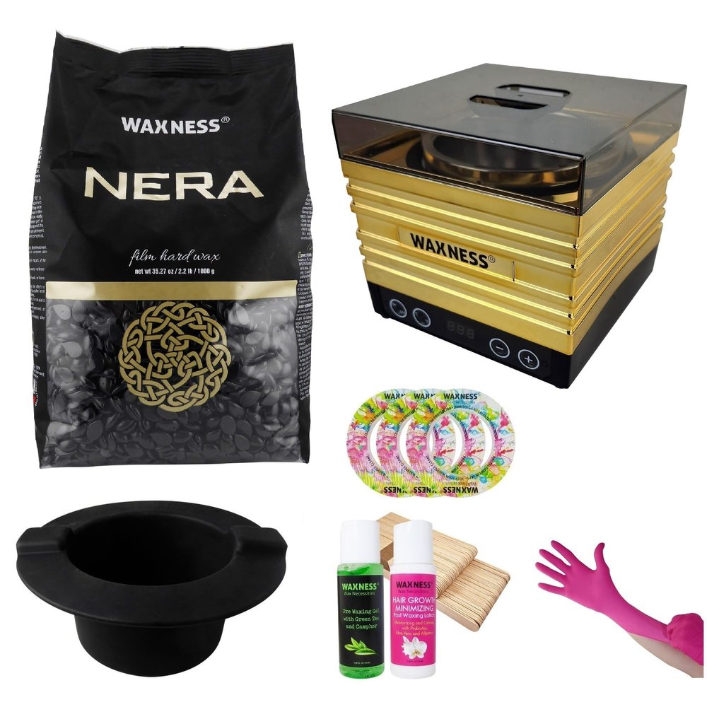 Waxness Nera Stripless Waxing Kit with 2.2 LB Wax Bag, Warmer W-CUBE Gold Digital 1 LB and Black Non-Stick Easy Clean Silicone Bowl