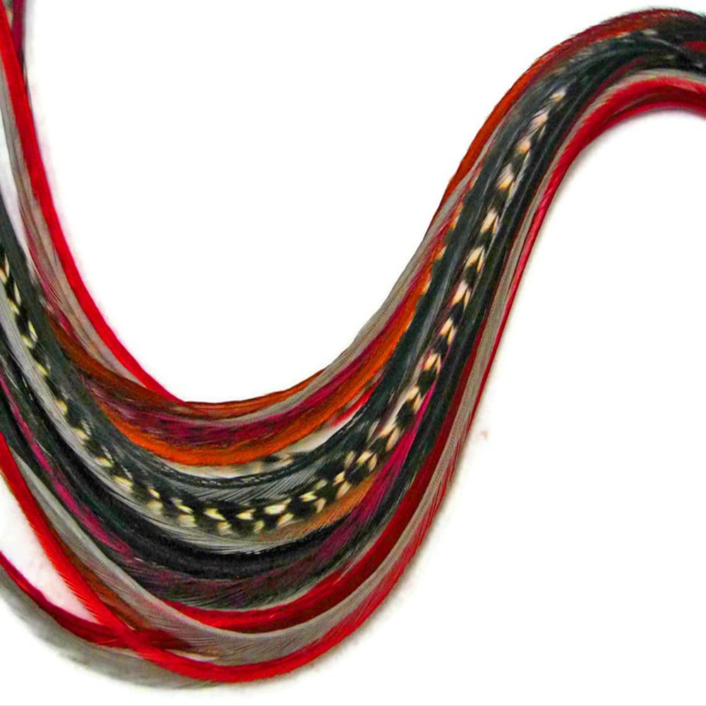 12 Strands - HOT MIX Thin Long Grizzly Rooster Hair Extension Feathers | Moonlight Feather