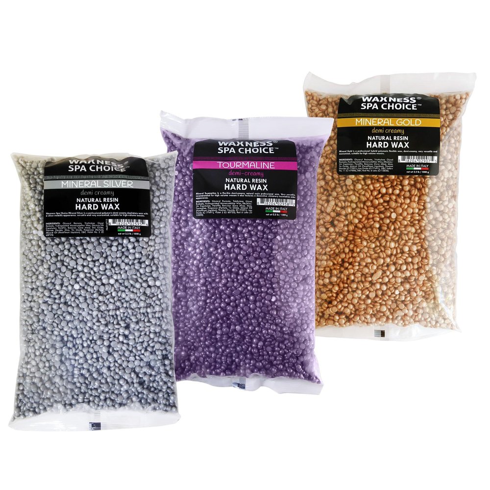 Waxness Spa Choice Assorted Hard Wax Beads 2.2 lb 1 kg Pack of 3 - Silver, Tourmaline, Gold