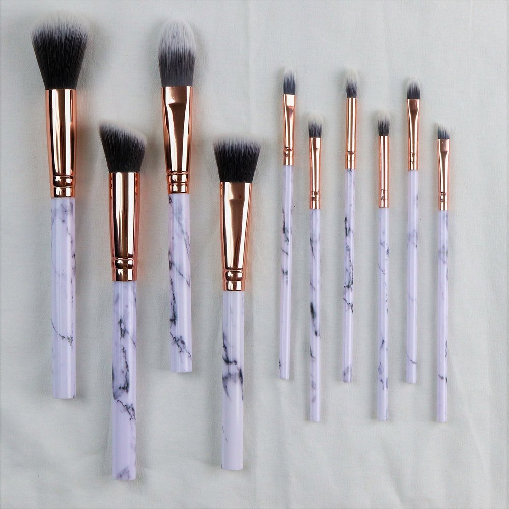10 Piece Makeup Brush Set Premium Face Eyeliner Blush Contour Foundation Cosmetic Brushes for Powder Liquid Cream White Marble Makeup Brush Set by DreamCut