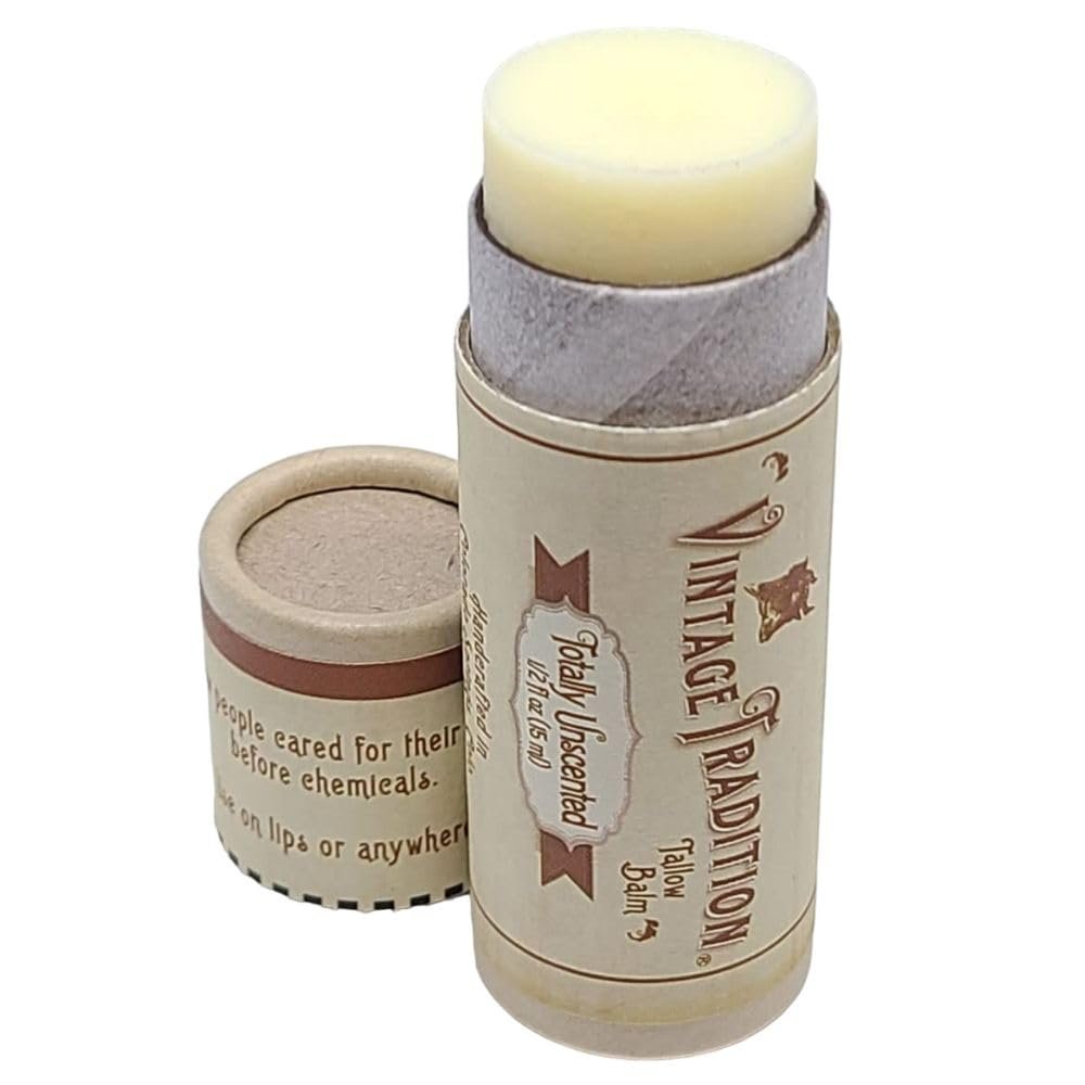 Vintage Tradition Moisturizing Beef Tallow Lip Balm Unscented Tube Lip Moisturizer for Sensitive Skin Hydrates & Soothes Dry Lips Grass-Fed Tallow Balm for Skin Care, 0.5 Fl. Oz.