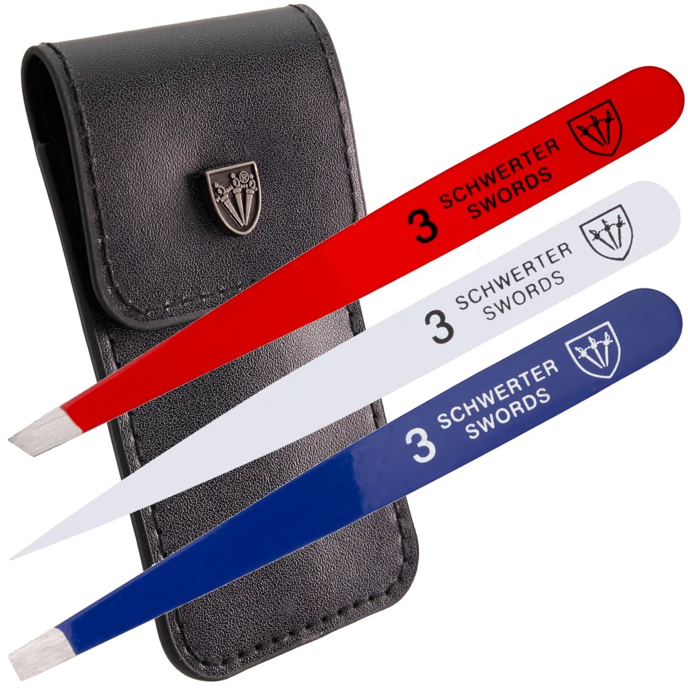 3 Swords Germany  brand quality professional stainless steel precision tweezer set USA, slanted, straight, pointed eyebrows hair, synthetic leather case, manicure pedicure by 3 Swords
