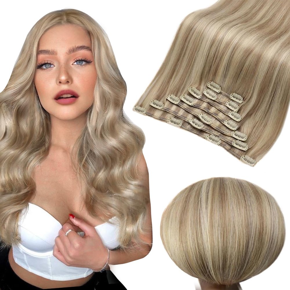 Full Shine Highlight Blonde Hair Extension Clip In Human Hair, 16 Inch Clip In Hair Extensions Real Human Hair, Ash Blonde Highlight Dirty Blonde Clip Ins 120g 7Pcs