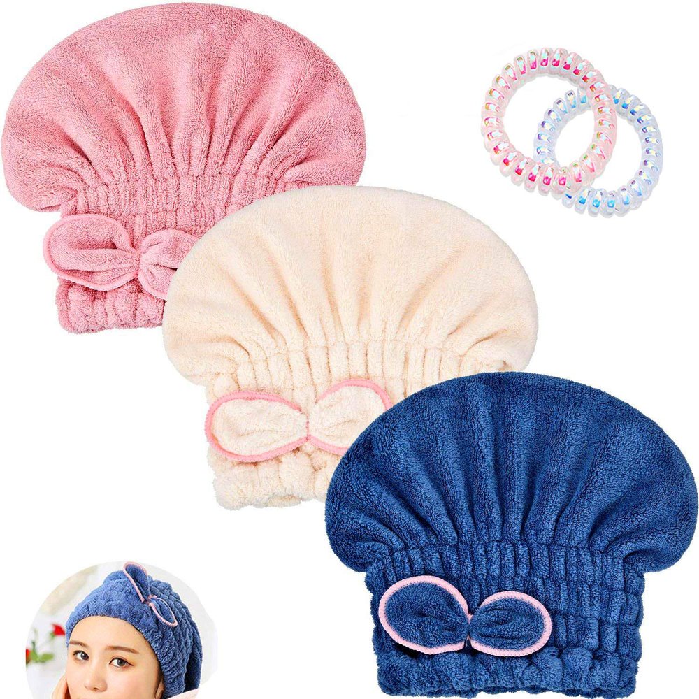 Ohequbao Absorbent Hair Drying Caps, Fast Dry Hair Towels Elastic Microfiber Bath Wraps for Girls and Women3 Pack