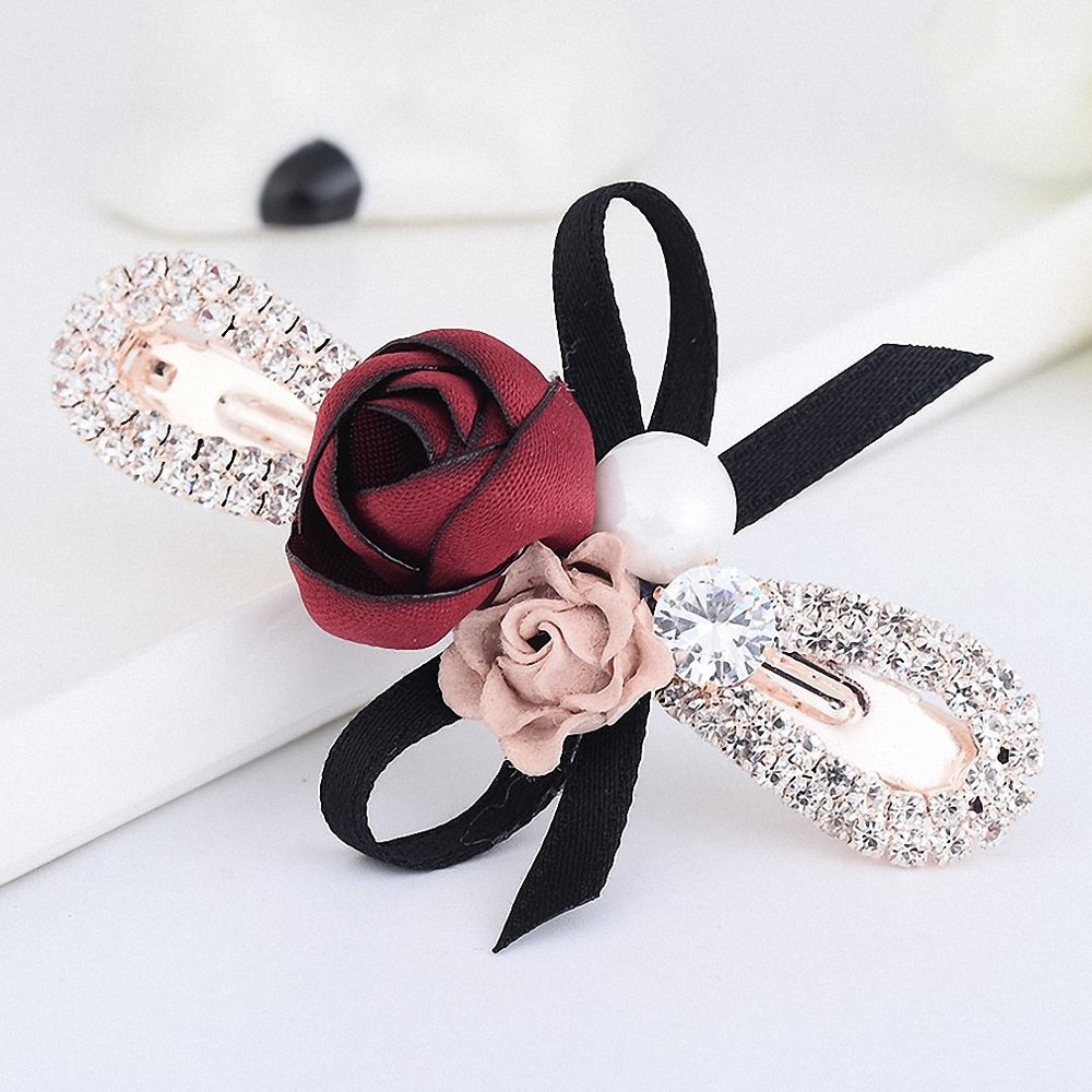 Womens Barrettes 5 Colors Double Flowers Bowknot Hairpin Hair Clips for Women Elegant Ribbon Pearl Hairwear Wedding Hair Accessories Red