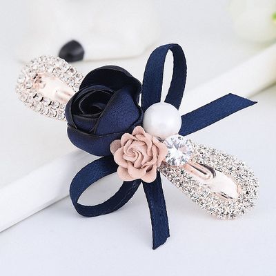 Womens Barrettes 5 Colors Double Flowers Bowknot Hairpin Hair Clips for Women Elegant Ribbon Pearl Hairwear Wedding Hair Accessories Blue