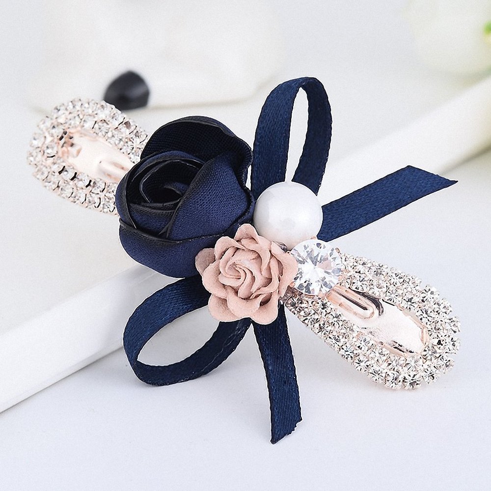 Womens Barrettes 5 Colors Double Flowers Bowknot Hairpin Hair Clips for Women Elegant Ribbon Pearl Hairwear Wedding Hair Accessories Blue