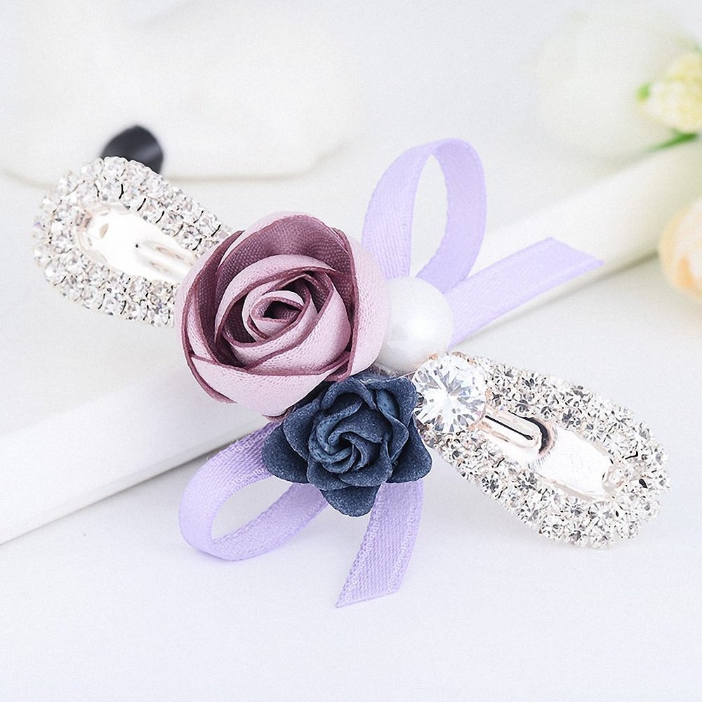 Womens Barrettes 5 Colors Double Flowers Bowknot Hairpin Hair Clips for Women Elegant Ribbon Pearl Hairwear Wedding Hair Accessories Purple